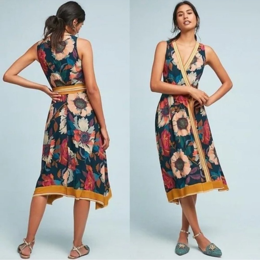 ANTHROPOLOGIE / MAEVE Botanical Floral Black Wrap Dress with Yellow Trim - Sz 0